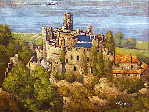 Burg Reichenstein bei Trechtingshausen am Rhein, lgemlde von Donald Ayres, Privatsammlung